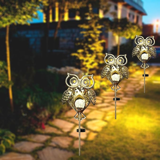 Owl Solar Garden Lights Outdoor, 40.55" Tall Iron Metal Yard Art, Weatherproof Pathway Stakes for Patio Lawn, Unique Owl Statue with Warm LED for Fence Plant Pot Decoration