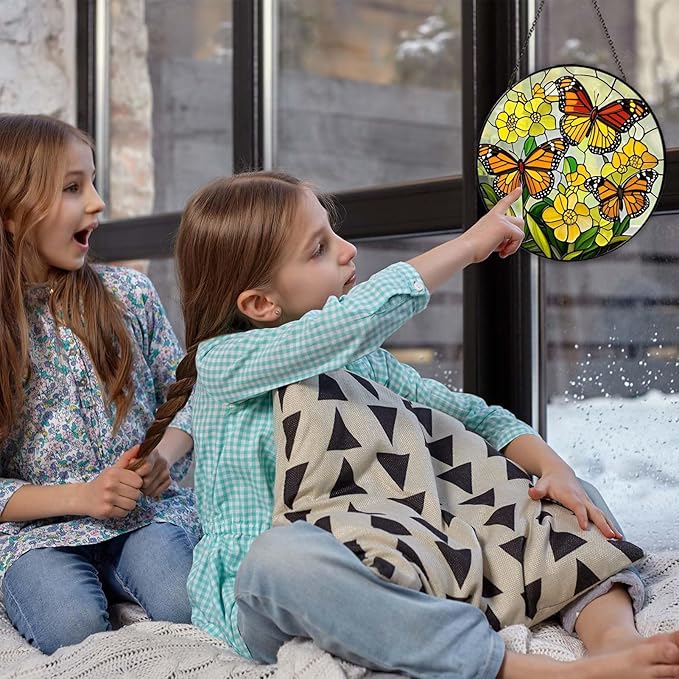 Butterfly with Flowers Sun Catcher Stained Glass Window Hanging for Women Butterfly Decor Handmade Sun Catcher Decoration for Garden Home Housewarming Gifts, 7.87inch