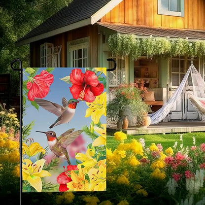 Hummingbird Garden Flags Red Flower Hibiscus and Yellow Lilies Yard Flag Wedding Anniversary Polyester Floral House Banners Double Sided for Spring Summer Party Outdoor Decor 12 x 18 Inch
