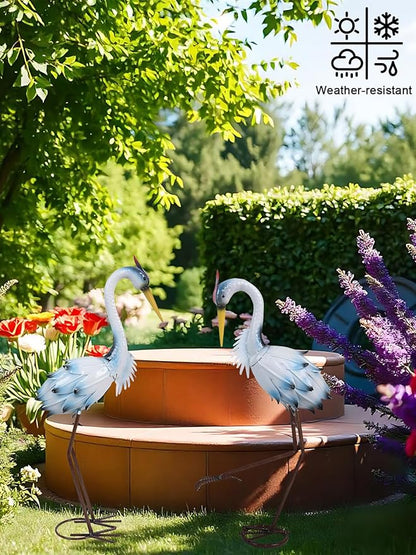 YEAHOME Garden Decor Outdoor Statues, 22"/20" Large Metal Heron Standing Yard Art, Blue Crane Lawn Sculptures Garden Decor for Outside Patio Porch Backyard, Set of 2