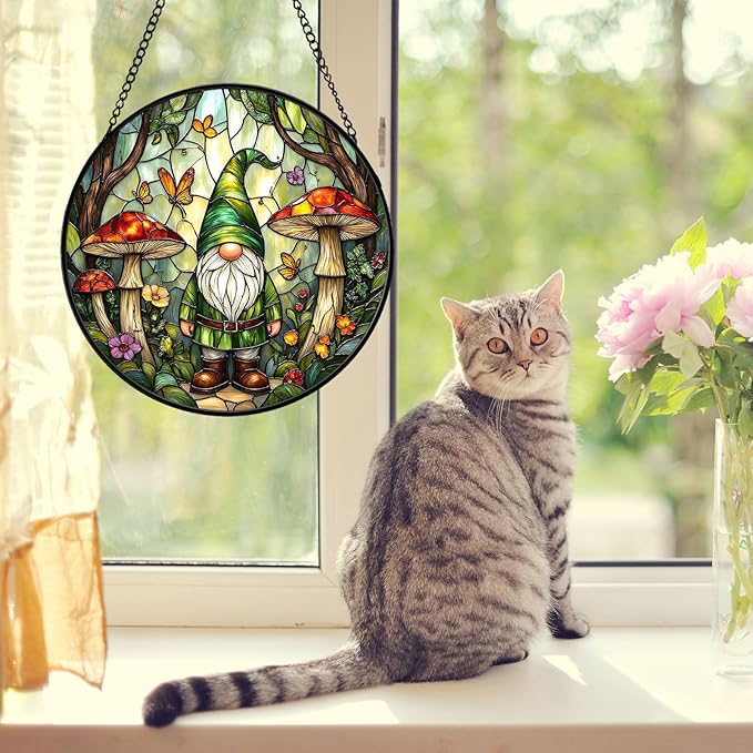 Gnome Stained Glass Suncather for Window Hanging with Mushroom & Butterfly, 6.3'' Forest Gnome Ornament Gift for Women, Whimsical Home Decor Gifts for Mom Grandma (Green Gnome, 6.3'')