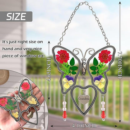 Suncatcher Grandma Butterfly Heart Shaped Glass Suncatcher with Pressed Flower Nana Gifts Wind Chimes with Real Flowers, Pendant Birthday Gifts for Grandma Mother`s Day Indoor Décor