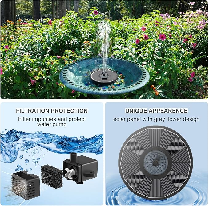 Yzert Solar Fountain for Bird Bath Direct Sunlight High Efficiency 3.5W Glass Panel Solar Water Fountain Outdoor Garden Flower (Black)