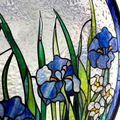 Blue Irises and Butterflies Stained Glass Suncatcher, Handmade Window Hanging Wall Art with Chain, Real Glass Indoor Home Decor, Unique Sun Catcher Gift for Women, Christmas, 7.8”
