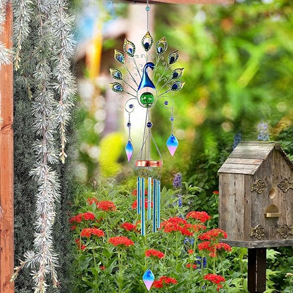 Pearlstar Solar Wind Chimes Outdoor, 53.5" Large Peacock Wind Chimes Light with Crackle Glass Ball, Waterproof Colorful Metal Peacock Wind Chimes for Garden Patio Porch Yard Home Decor Memorial Gift…