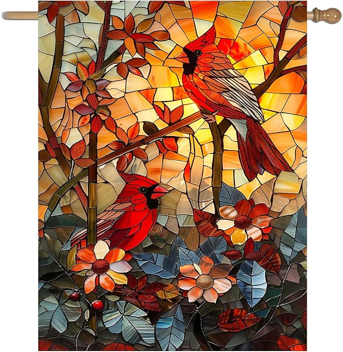 Stained Glass Cardinal Red Birds Garden Flag Spring Summer Yard Flag Fall Floral Decorative Yard Flags for Outside 28x40 Double Sided Large Seasonal Lawn Flags Rustic Outdoor Decor