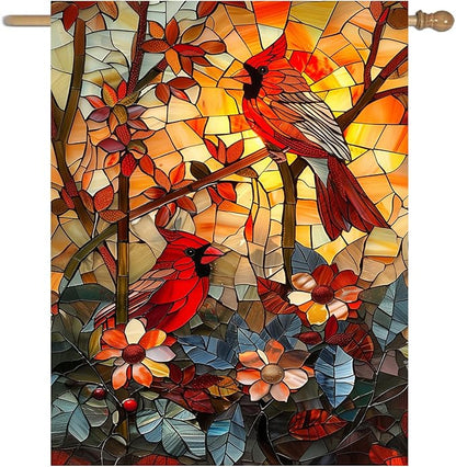 Stained Glass Cardinal Red Birds Garden Flag Spring Summer Yard Flag Fall Floral Decorative Yard Flags for Outside 28x40 Double Sided Large Seasonal Lawn Flags Rustic Outdoor Decor