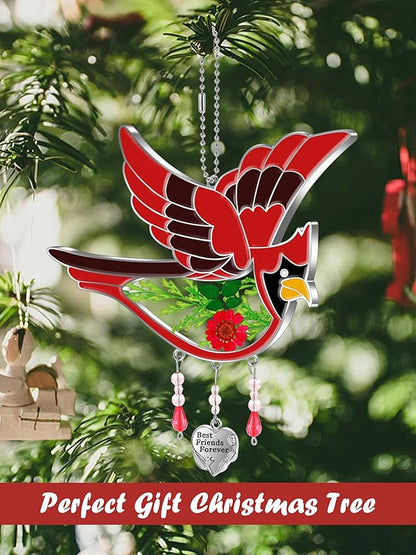 KY&BOSAM Best Friend Forever Cardinal Suncatcher Hand Painted Stained Glass for Windows Hanging Ornament Wind Chime with Pressed Flower and Heart Charm Gifts for Friend Mothers Day Birthday Christmas