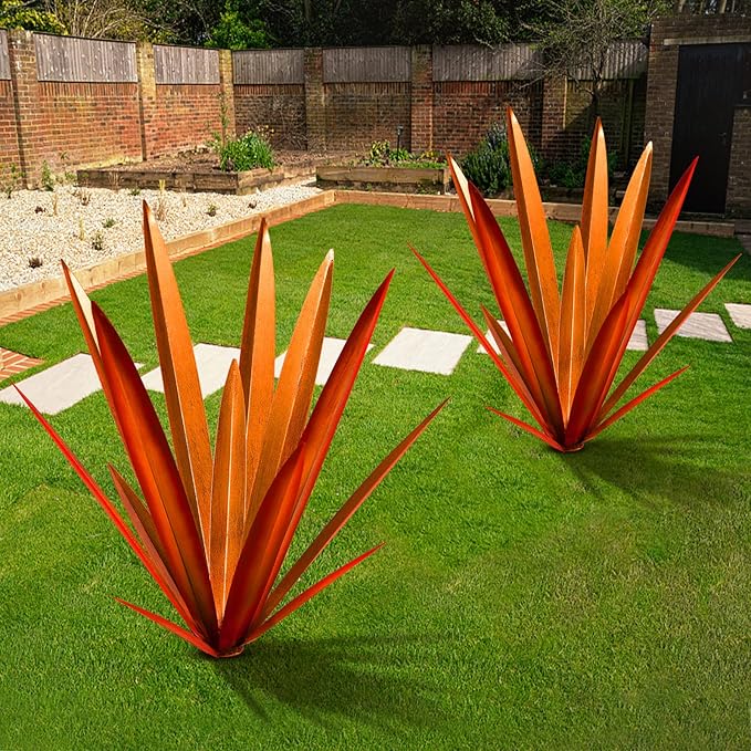 TOMBABY Large Leaf Thickened Metal Agave Plant Outdoor Decoration Desert Courtyard Art Plant Garden Decoration Outdoor Metal Art Floral Gift (2, RED)