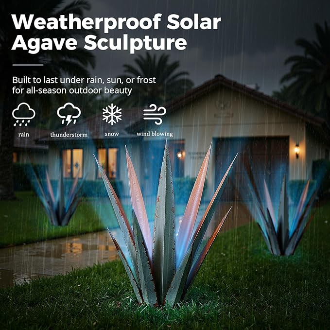 KODIBO 24” Large Solar Metal Agave Plants Outdoor Decor, Tequila Rustic Sculpture Outdoor Statues, Garden Sculpture for Patio Path Courtyard and Lawn (Vintage Blue-Solar Light)