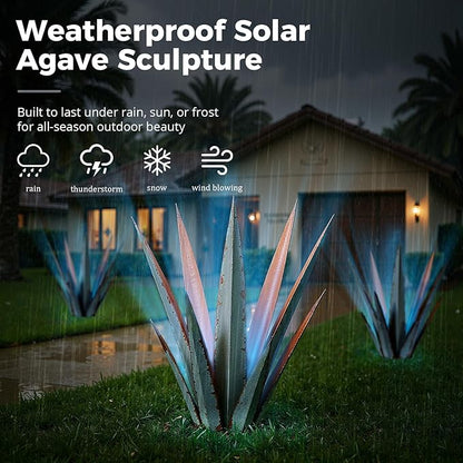 KODIBO 24” Large Solar Metal Agave Plants Outdoor Decor, Tequila Rustic Sculpture Outdoor Statues, Garden Sculpture for Patio Path Courtyard and Lawn (Vintage Blue-Solar Light)
