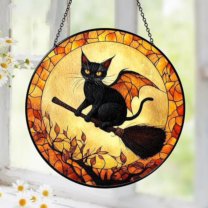 Black Cat Stained Glass Suncatcher, Halloween Cat Witch Window Hanging Decor, Pumpkin Spooky Suncatcher Decoration, Fall Season Home Outdoor Garden Decor Birthday Gifts for Women Witches Cats Lovers