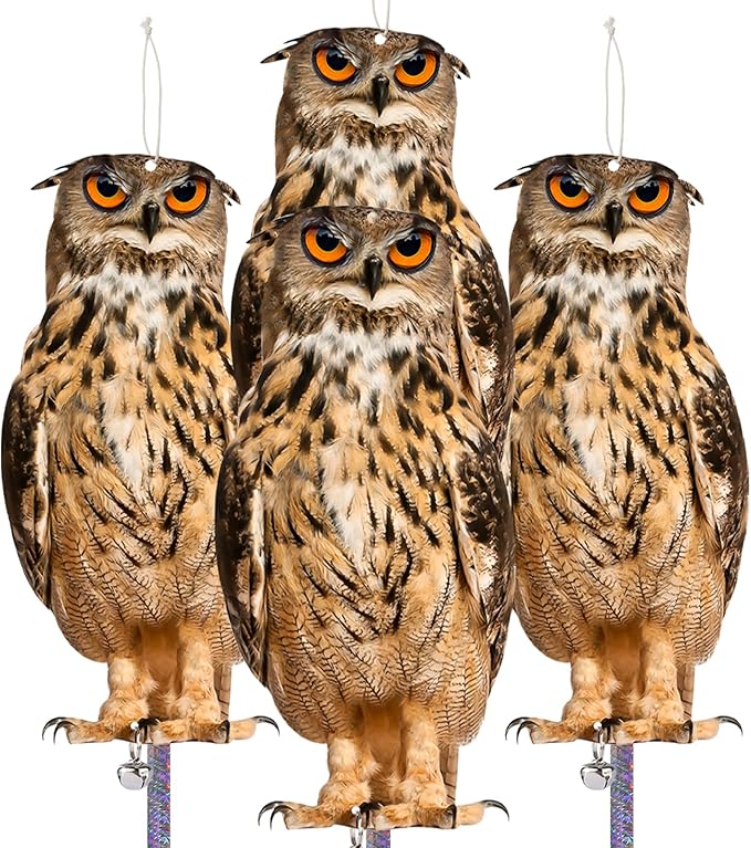 Fake Owls to Keep Birds Away from Porch 4PCS Flat Garden Owl with Reflective Tape Plastic Owl to Scare Pigeon Squirrels Woodpecker for Balcony House Outside Patio Outdoor Yard Decor Windows