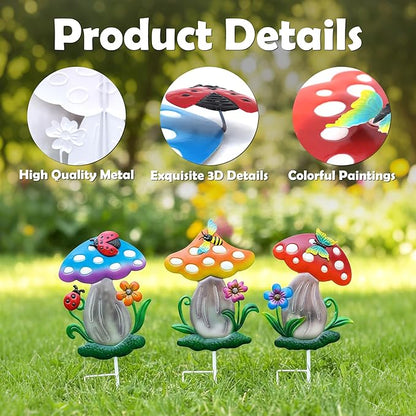 Decorative Garden Stakes, 3 Pack Mushroom Lawn Ornaments Metal Garden Stakes, Colorful Yard Art for Garden, Lawn, Porch.