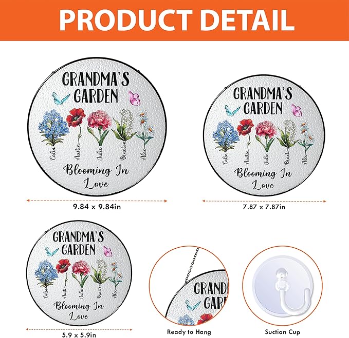 Personalized Grandma’s Garden Stained Glass Window Hanging Ornament, Custom Birth Month Flowers with Kids’ Names, Grandma Love Grows Here Floral Art, for Mom Grandma