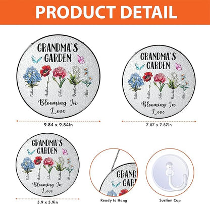 Personalized Grandma’s Garden Stained Glass Window Hanging Ornament, Custom Birth Month Flowers with Kids’ Names, Grandma Love Grows Here Floral Art, for Mom Grandma