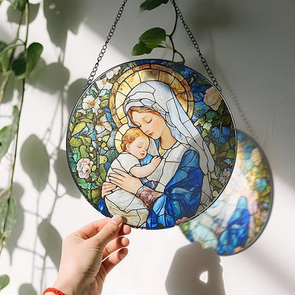 8 Inch Virgin Mary Stained Glass Suncatcher, Suncatchers for Windows Hanging, Baby Jesus Window Decoration, Religious Suncatcher, Catholic Window Hanging, Gift for Religious, Christian Gifts
