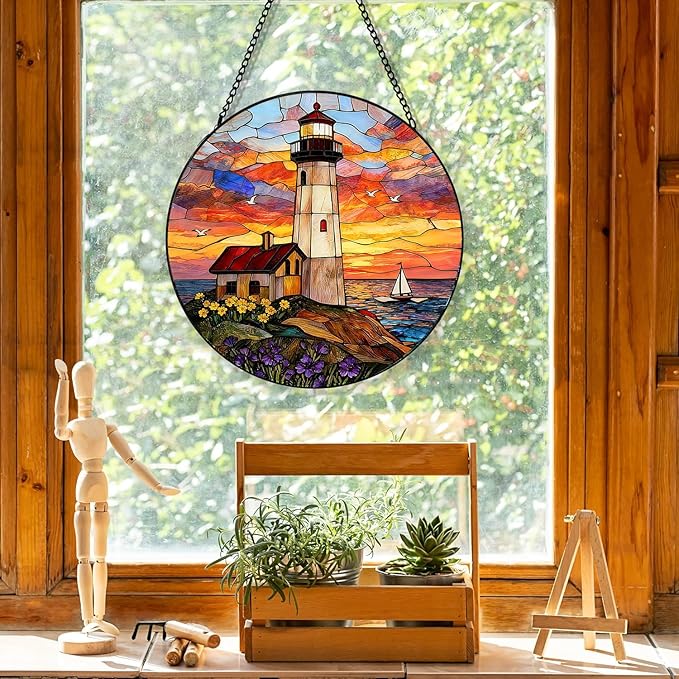Stained Glass Window Hanging, Ocean Lighthouse Suncatcher for Window Doors Garden Home Decoration, Sunset and Sea Scenery Colorful Glass Panel Ornaments for Women,Men,Wife, Lovers, and Mom 7.8 in