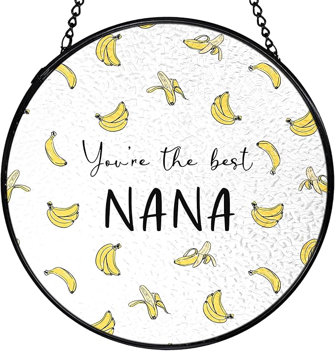 Nana Banana Gifts, Nana Banana Suncatchers Stained Glass Window Hanging, Nana Gifts for Mother's Day, Grandma Gift from Grandkids Sun Catchers Indoor Window, 7.9x7.9in