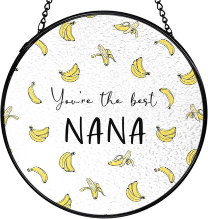 Nana Banana Gifts, Nana Banana Suncatchers Stained Glass Window Hanging, Nana Gifts for Mother's Day, Grandma Gift from Grandkids Sun Catchers Indoor Window, 7.9x7.9in