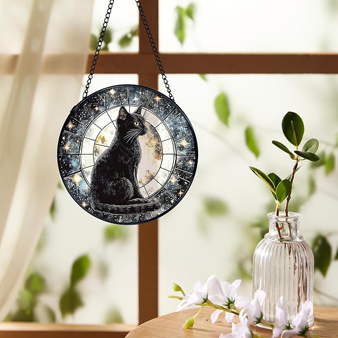Black Cat Moon Suncatchers Stained Glass Window Hanging, Celestial Black Cat Sun Catchers Indoor Window Glass Round Wall Decor, Moon and Stars Wall Hanging Decorations, 7.9x7.9in