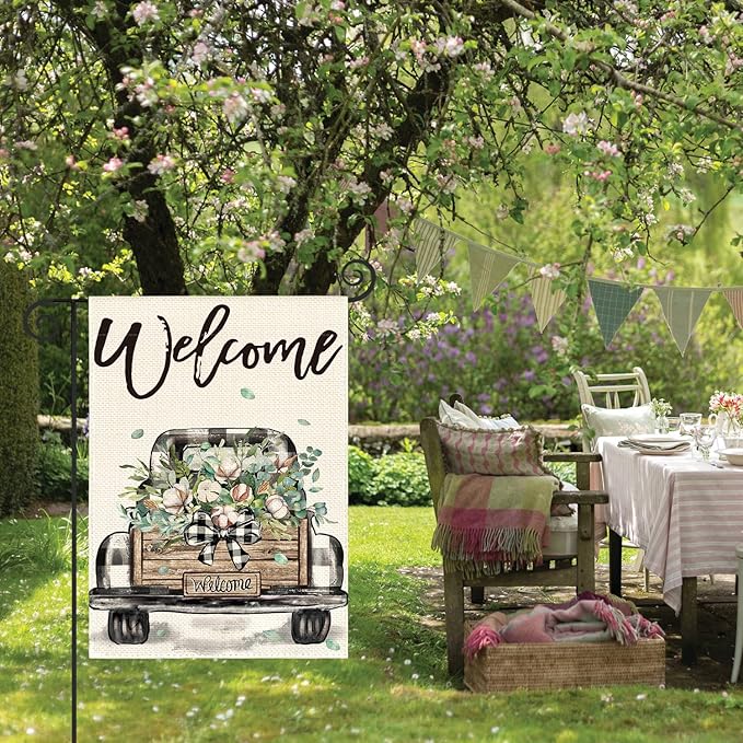 AVOIN colorlife Welcome Spring Truck Garden Flag 12x18 Inch Double Sided, Cotton Rustic Buffalo Plaid Yard Outdoor Flag