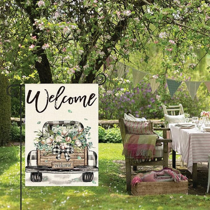 AVOIN colorlife Welcome Spring Truck Garden Flag 12x18 Inch Double Sided, Cotton Rustic Buffalo Plaid Yard Outdoor Flag