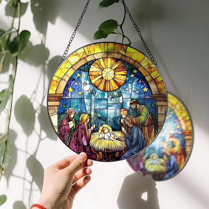 8'' Stained Glass Window Hanging, Nativity Scene Ornament, Christian Christmas Ornament, Holy Family Decoration, Religious Decor, Gift for Christmas, Religious Gifts, Christian Gifts