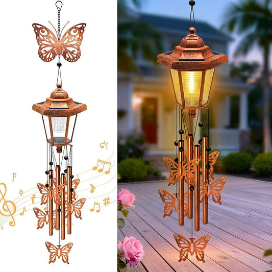 Large Solar Butterfly Wind Chimes with Wind Catcher/Solar Decor Light to Create a Zen Atmosphere Decor for Outdoor Garden Balcony, Classic Bronze Wind Chimes, Gifts for Mom Grandma Women Wife Daughter