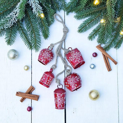Cow Bell Wind Chime 25” Long- 5 Rustic Jingle Bells for Christmas Decor, Garden, Door Knob, Porch, Farmhouse, Meditation, Boho Hanging Bells, Metal Vintage Chime for Outdoor & Indoor (Red)