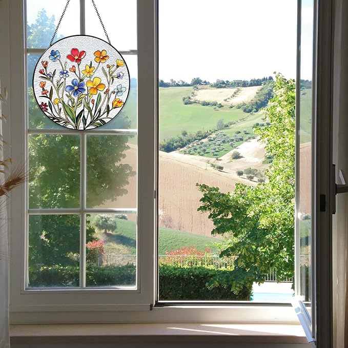 Flowers Sun Catcher Stained Glass Window Hanging Flower Decor Gifts for Women Wall Decor Handmade Sun Catcher Botanical Decoration for Home Garden Housewarming Gifts