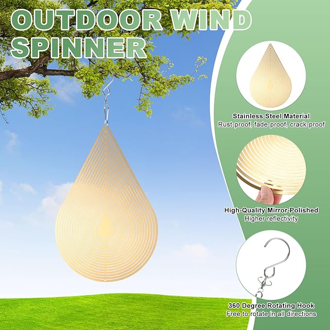 M METERXITY 1-Pack Hanging Wind Spinners, 15.4" 3D Stainless Steel Hanging Reflective Pinwheels for Patio/Yard/Outdoor, Garden Decor Windmill [Gold Tone, Water Droplets]