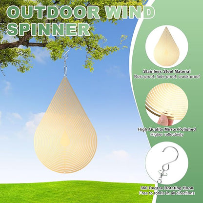 M METERXITY 1-Pack Hanging Wind Spinners, 15.4" 3D Stainless Steel Hanging Reflective Pinwheels for Patio/Yard/Outdoor, Garden Decor Windmill [Gold Tone, Water Droplets]