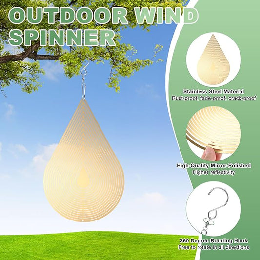 M METERXITY 1-Pack Hanging Wind Spinners, 15.4" 3D Stainless Steel Hanging Reflective Pinwheels for Patio/Yard/Outdoor, Garden Decor Windmill [Gold Tone, Water Droplets]
