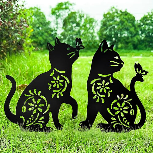 MrMrKura 2 Pack Metal Cat Stakes Garden Decor Stakes Black Cat Silhouette Statue for Outside Decorative Ornaments for Outdoor Garden Home Patio Yard Decoration