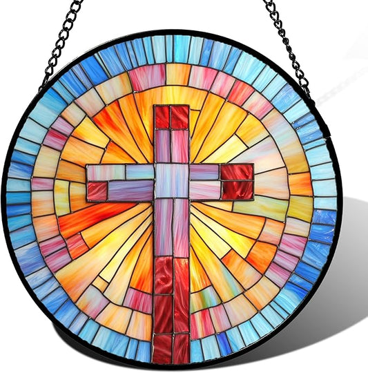 DASTOLL Christian Gifts for Women - Cross Stained Glass Window Hanging Easter Colorful Gradient Sun Catcher Garden Religion Decor Mother's Day Catholic Gift for Men Grandma Mom Nana Her 9.8"