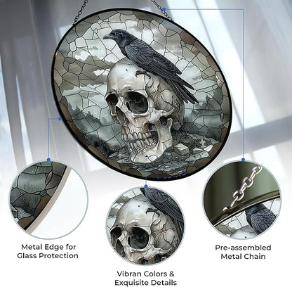 Skull Crow Suncatcher Stained Glass Window Hanging Stained Glass Suncatchers Decoration with Metal Chain Outdoor Garden Decor Gift for Women Christmas Thanksgiving Gifts