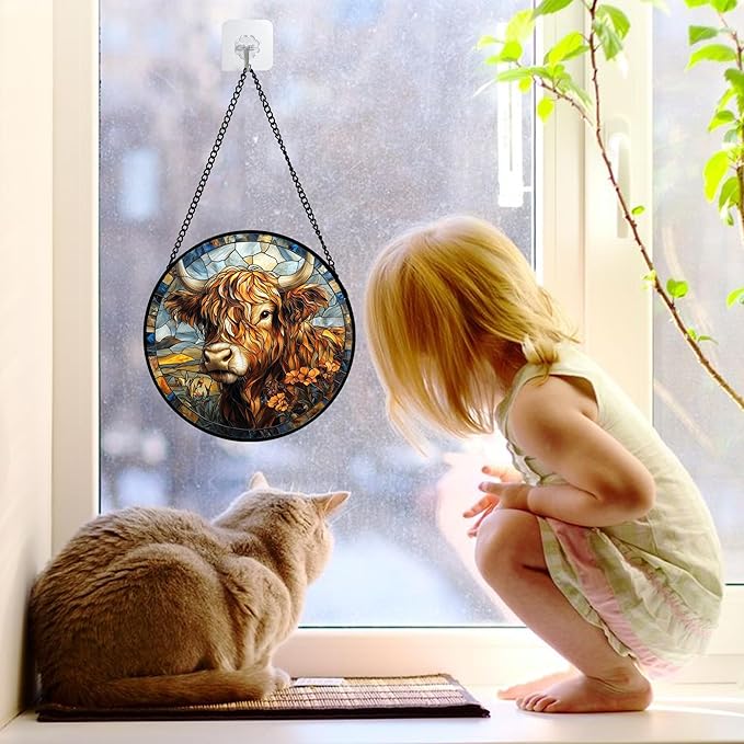 DASTOLL Stained Glass Window Hanging - Funny Cow Flower Suncatcher Ready to Hang Window Doors Home Decoration and Christmas, Mother's Day Birthday Gifts for Women, Men, and Mom 9.8x9.8 in