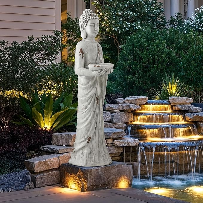 42" Extra-Large Buddha Outdoor Statue with Birdfeeder, Tall Zen Meditative Buddha Figures, Durable Weatherproof MGO Sculpture for Garden, Patio, Yard, Porch or Indoor Home Decor