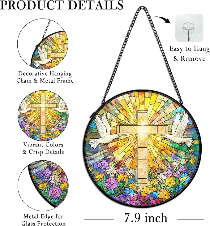 Christian Suncatcher Stained Glass Cross Window Hanging Wall Decor, Christmas Religious Gifts for Women, Easter Religious Wildflower Bird Garden Lawn Sun Catchers for Window Hanging, 7.9x7.9In