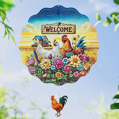 Farmhouse Rooster Wind Spinners Outdoor - Chicken Gifts for Women Mom Men Dad Grandpa, 3D Cute Wind Spinner for Yard Patio Ornament Garden Decor, 12 Inch Hanging Kinetic Metal Wind Sculpture