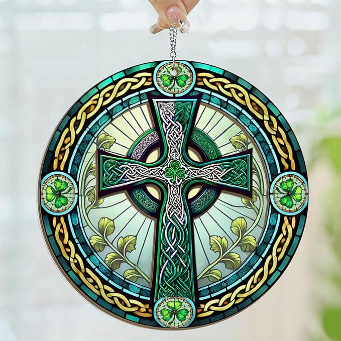FLAGWIX St Patricks Day Decorations - Saint Patricks Day Decor, Double Layered Hanging Suncatcher 12 inch, Shamrock Celtic Cross for Home Window Garden - Irish Gifts for Men Women Friends Family