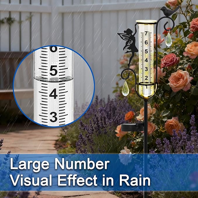J-Fly Glass Weather Station with Rain Gauge for Solar Yard Decorations, Solar Glass Freeze Proof Rain Measure Gauge Outdoor Stratus Raingage Garden Stakes, Outdoor Yard Fairy Garden Decor Accessories