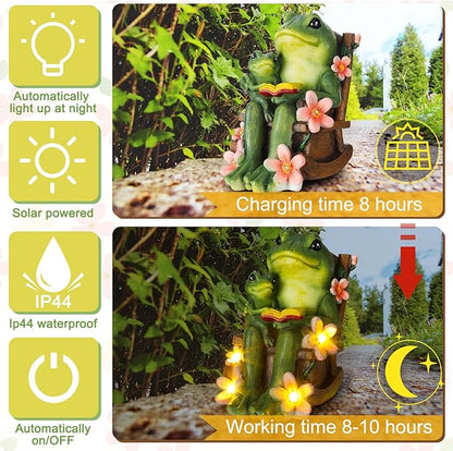 Thyle Frog Miniature Garden Statues Solar Family Reading Frog Garden Statue in Rocking Chair with LED Book Outdoor for Mom Women Grandma Patio Yard Lawn Decor Birthday Gifts Housewarming Decoration