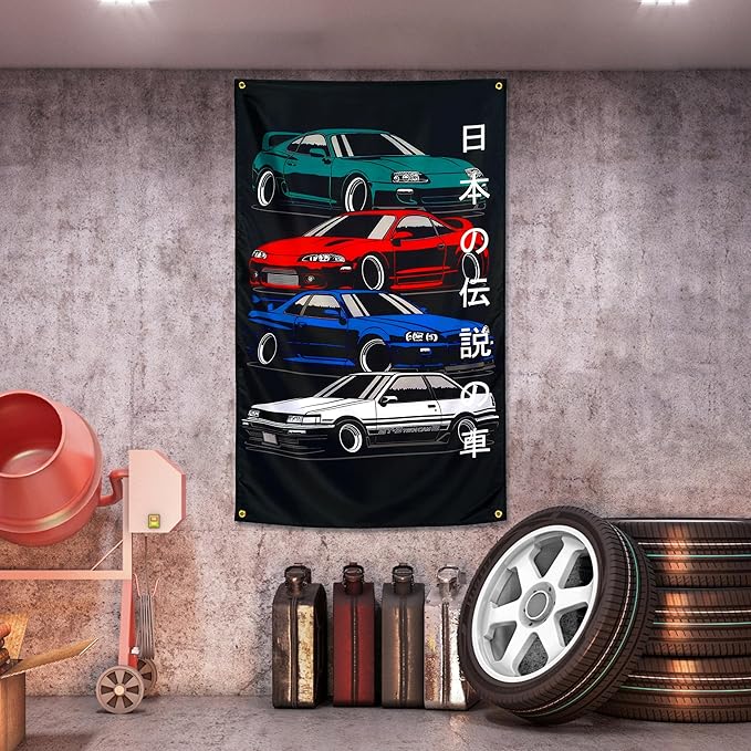 JDM Japanese Car GTR Flag 3x5 ft Fans Wall Tapestry Huge Garage Room Decor Heavy Duty 150D Polyester Wall Tapestry Poster Decor