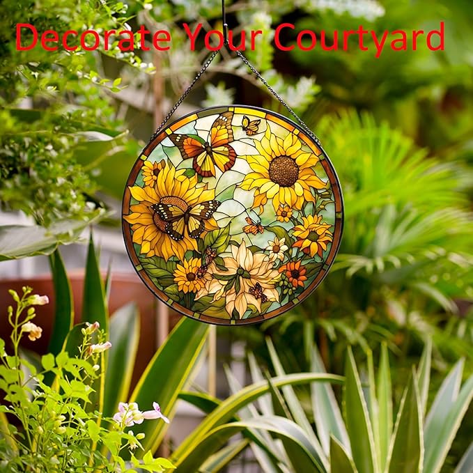Sunflower Hanging Stained Glass for Windows,20cm/7.87inch Hand-Painted Sun Catcher Garden Hangings Christmas Mother's Day, Valentine's Day Ornaments Festival Gift