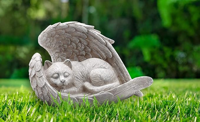 Napco Sleeping Cat Within Angel Wings 8.5 x 5.5 Resin Stone Pet Memorial Figurine, Concrete Grey