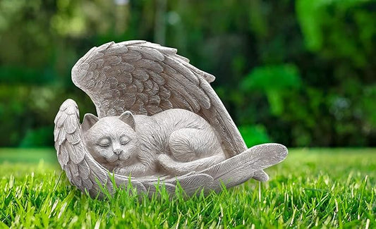 Napco Sleeping Cat Within Angel Wings 8.5 x 5.5 Resin Stone Pet Memorial Figurine, Concrete Grey