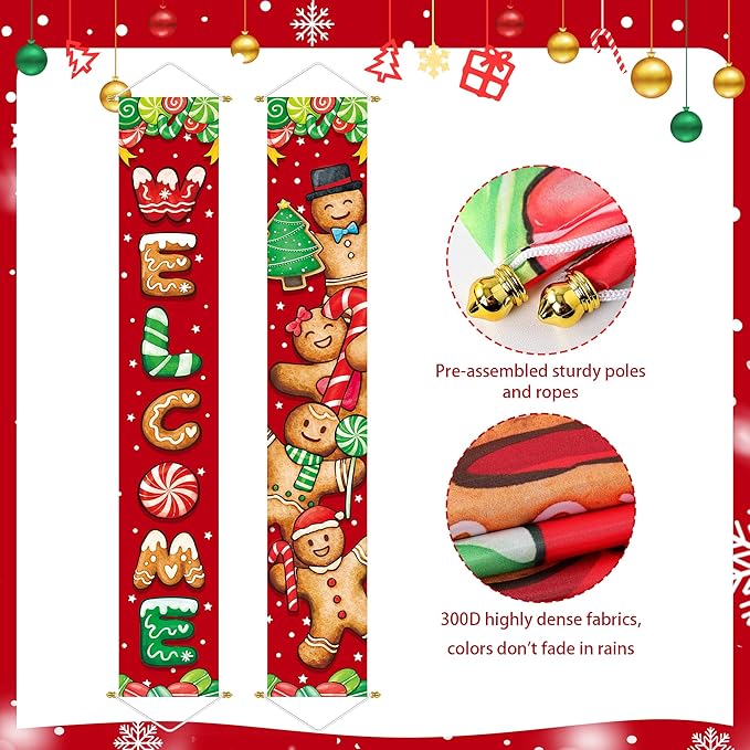 Ivenf Christmas Decorations Outdoor Yard: Cute Gingerbread Man Front Porch Sign Set, Hanging Red Brown Welcome Door Banner Xmas Decorations for Home, Wall Front Door Yard Garage Indoor Outdoor Décor