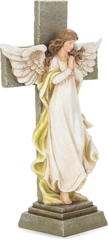 Joseph's Studio by Roman Inc., MEMORIAL ANGEL WITH CROSS, Garden Collection, Religious Statue, Holy Family, Memorial, Angel, Patron Saint, Garden Décor (3x7x12)